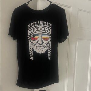 Willie Nelson
 Graphic Black T-. Casual short sleeve retro music tee lightweight